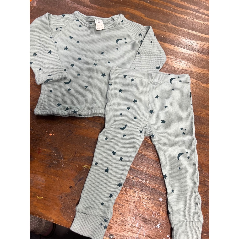 Kate Quinn Organic Cotton Waffle Knit Pajama Set Stars Moons Sage Green 18-24M